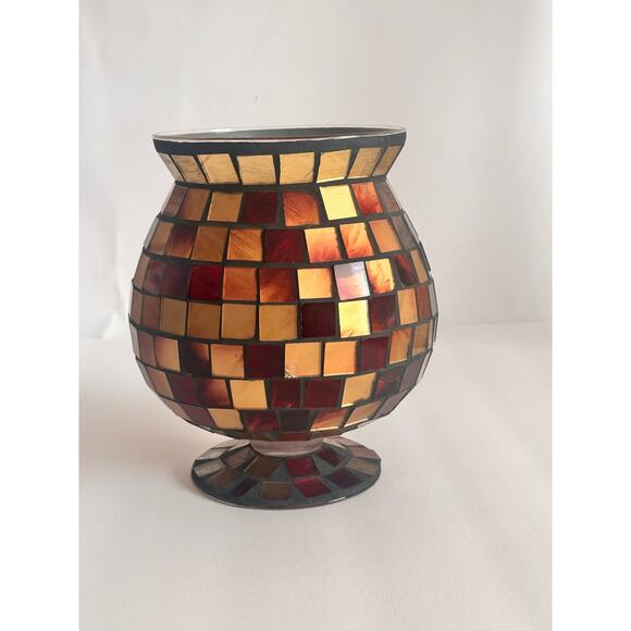 Vintage Mosaic Glass Pedestal Vase CandleHolder 8” tall Gold Amber Brown - Picture 3 of 7